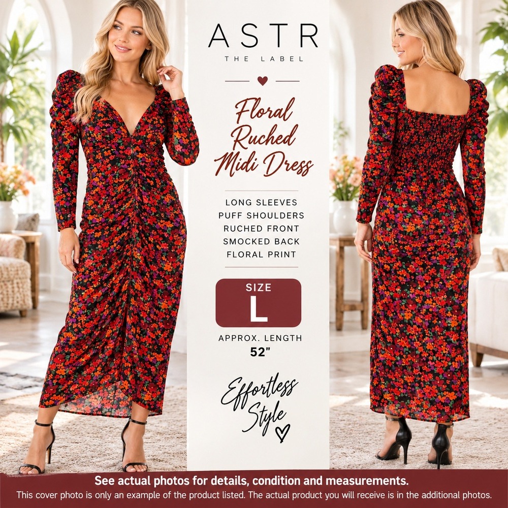 ASTR The Label Womens L Floral Ruched Midi Dress Puff Sleeve Smocked Back #1951